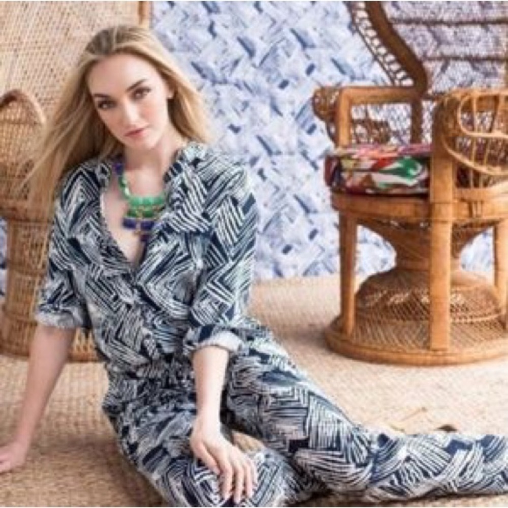 Trina Turk Dark Navy Blue White Geometric Collared Button Front Jumpsuit Size 4